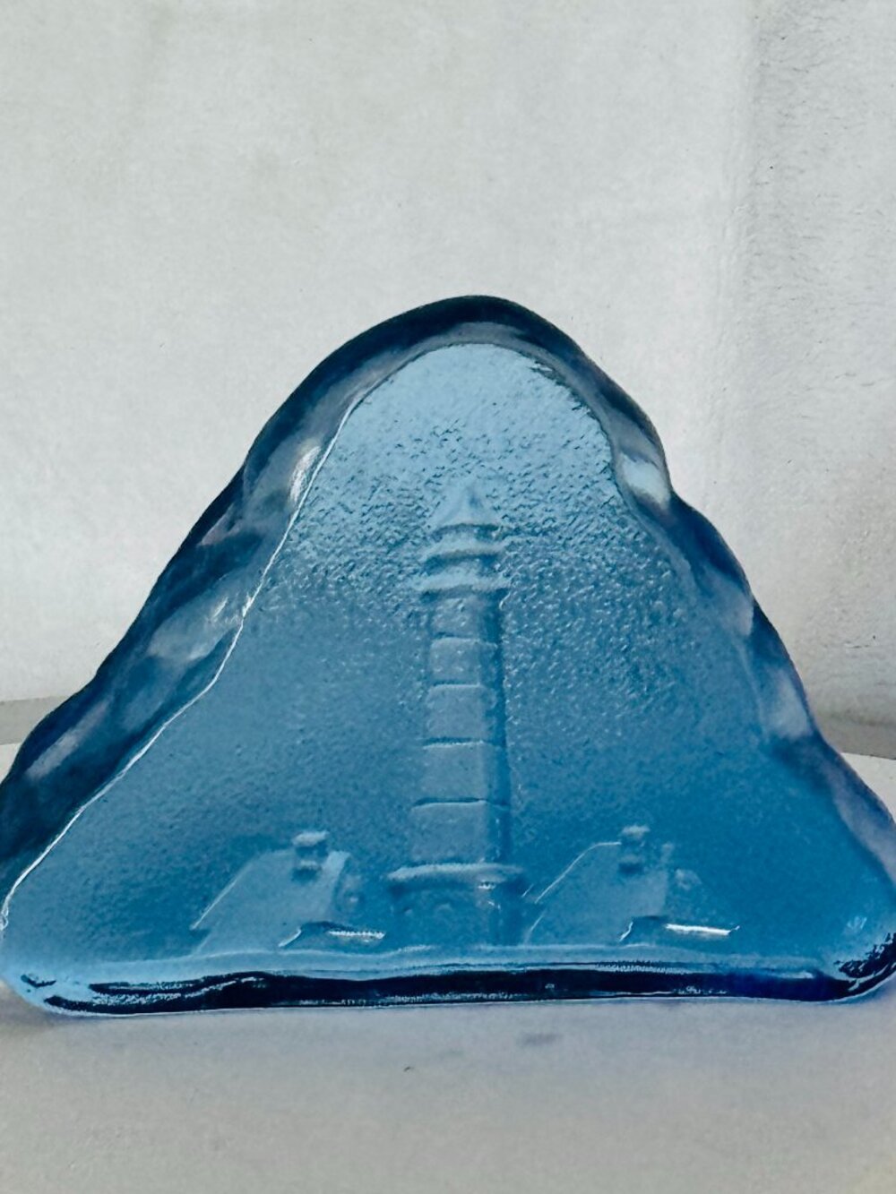 Vtg Blue Glass Reverse Etched Lighthouse Desk Paperweight Nautical Theme Decor